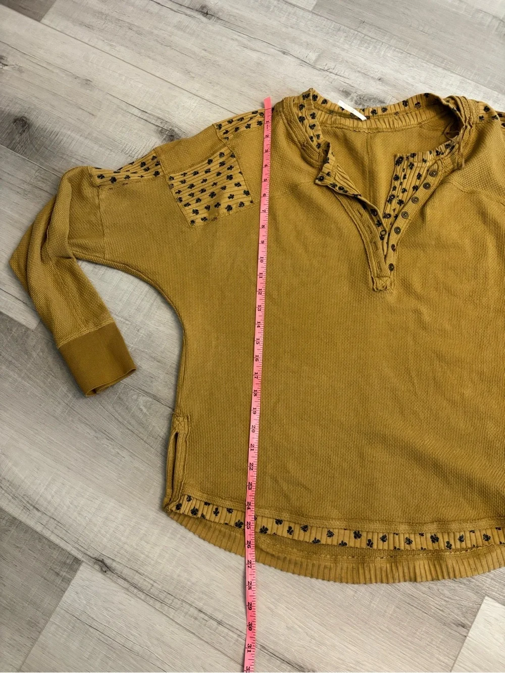 Free People Mustard Thermal Henley Top Floral Trim Oversized XL